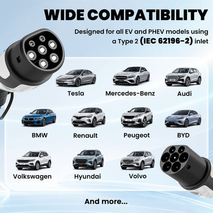 HOMCOM Type 2 EV Charging Cable, 22kW, 32A, Mode 3, 3-Phase, 10m Type 2 to Type 2 EV Extension Cable for EVs, PHEVs