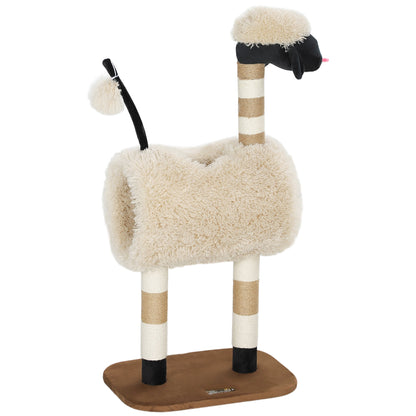 PawHut Cat Tree Sheep Design, 98 cm Multi-Level Cat Tower with Scratching Posts, Tunnel & Play Ball, Light Brown