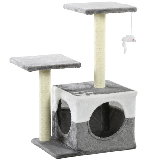PawHut Cat Tree w/ Sisal Scratching Posts, House, Perches, Toy Mouse, Grey