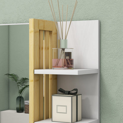 HOMCOM Bamboo Panel Bathroom Mirror, with Shelves - White