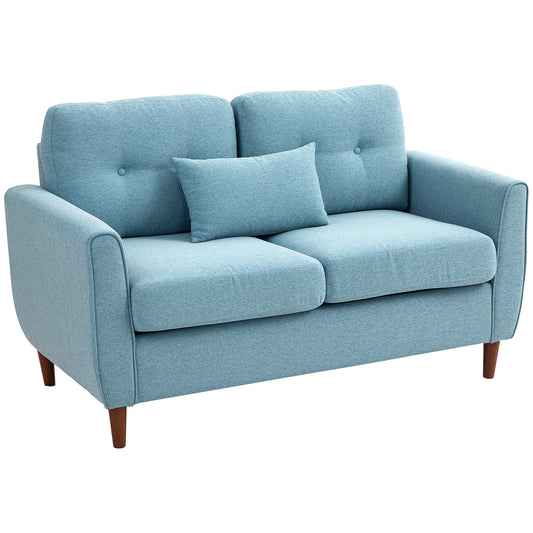 HOMCOM 2 Seater Sofa with Spring Cushion, Fabric Sofa with Wooden Legs, Modern Love Seat for Living Room, 140cm Width Tufted Couch for Bedroom, Light Blue