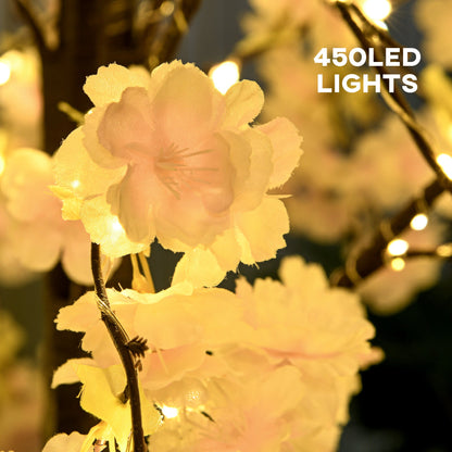 شجرة أزهار اصطناعية مزخرفة بإضاءة LED 450 من HOMCOM - وردي