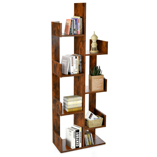 Tree-Shaped Bookshelf with 8 Storage Shelves in rustic brown, shown against a white background