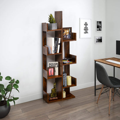 Tree-Shaped Bookshelf with 8 Storage Shelves-Rustic Brown