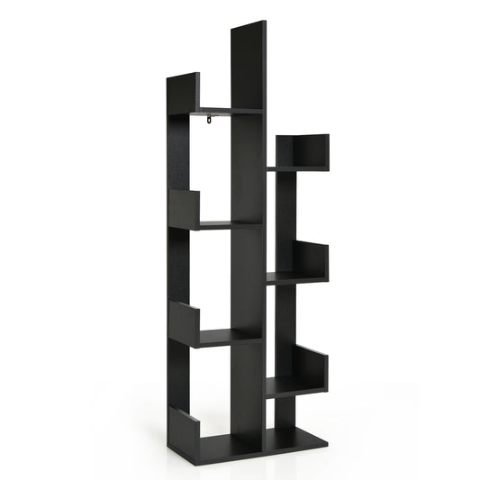 Tree-Shaped Bookshelf with 8 Storage Shelves-Black standing against a plain white background