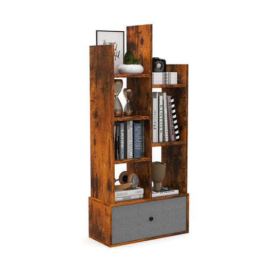 7-Tier Wooden Bookshelf with a grey fabric drawer filled with books and decorative items