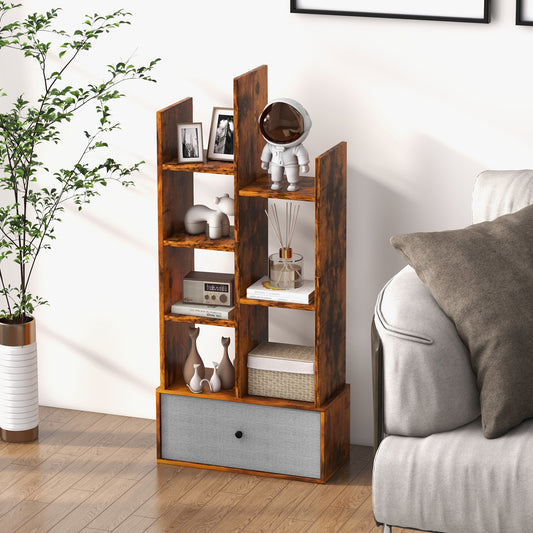 The wooden bookcase standing in a living room next to a sofa with various home accessories