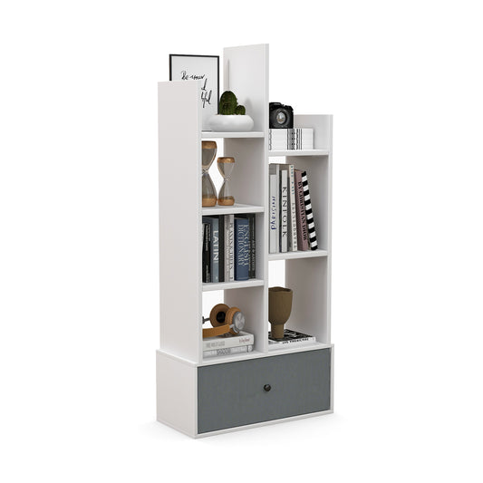7-Tier Wooden Bookshelf with a grey fabric drawer filled with books and decorative items