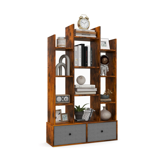 12-Tier Wooden Bookshelf with two grey drawers at the bottom, shown against a white background