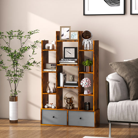 The wooden bookcase filled with books and decorative items in a living room setting