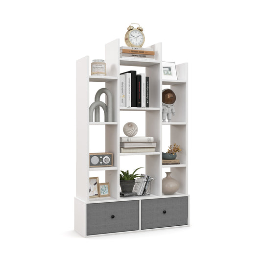 12-Tier Wooden Bookshelf with folding drawer in white, shown from the front
