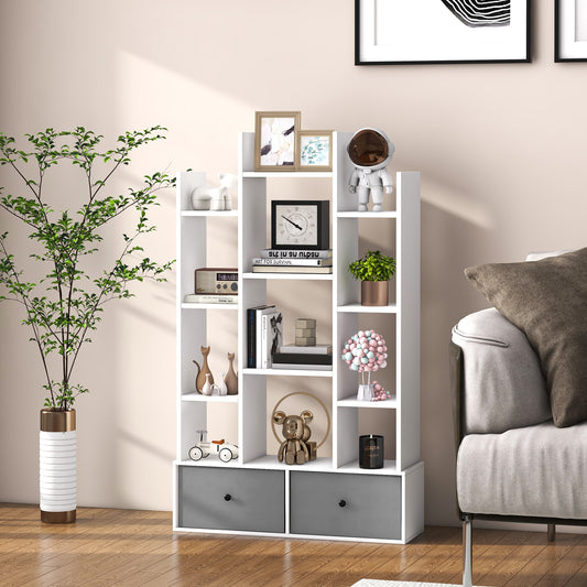 The white wooden bookcase with twelve tiers and two drawers, styled in a living room