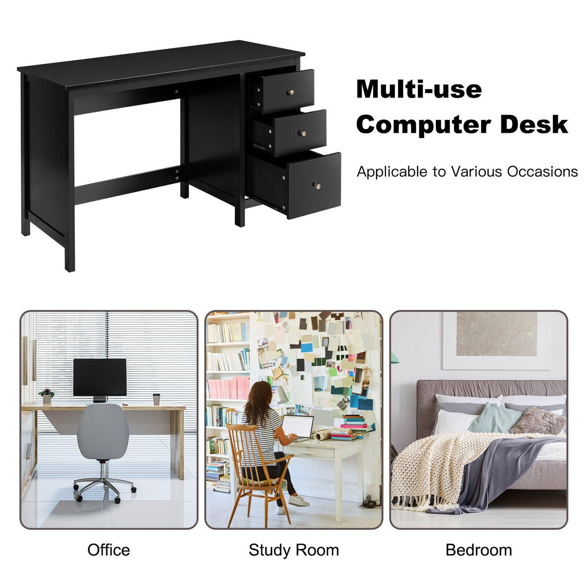 Modern Computer Desk with 3 Drawers for Home Office-Black