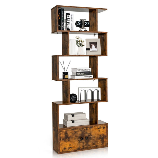 Industrial S-Shaped 5-tier Bookcase with Cabinet in rustic brown