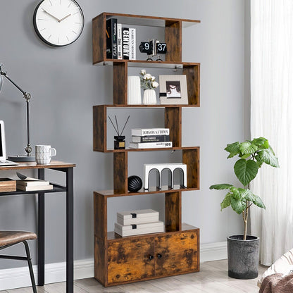 Industrial S-Shaped 5-tier Bookcase with Cabinet-Rustic Brown