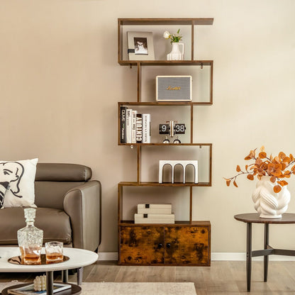 Industrial S-Shaped 5-tier Bookcase with Cabinet-Rustic Brown