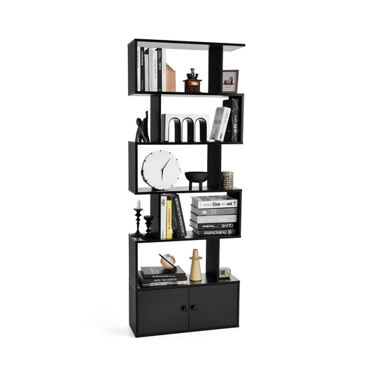 Industrial S-Shaped 5-tier Bookcase with Cabinet in black, a tall shelving unit with a cabinet at the bottom