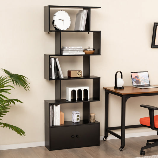 Black five tier bookcase with cabinet shown in a home office setting next to a desk