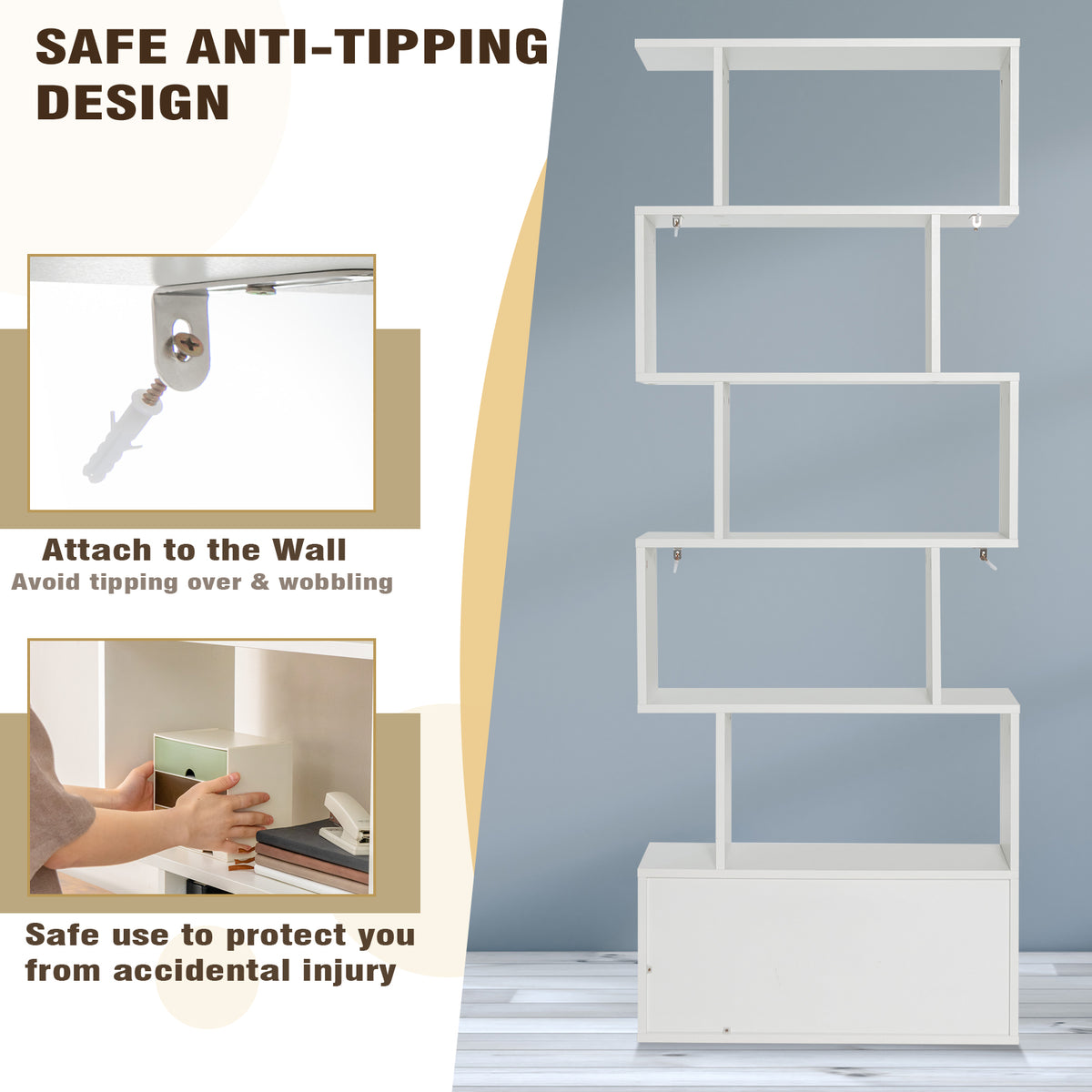 Industrial S-Shaped 5-tier Bookcase with Cabinet-White