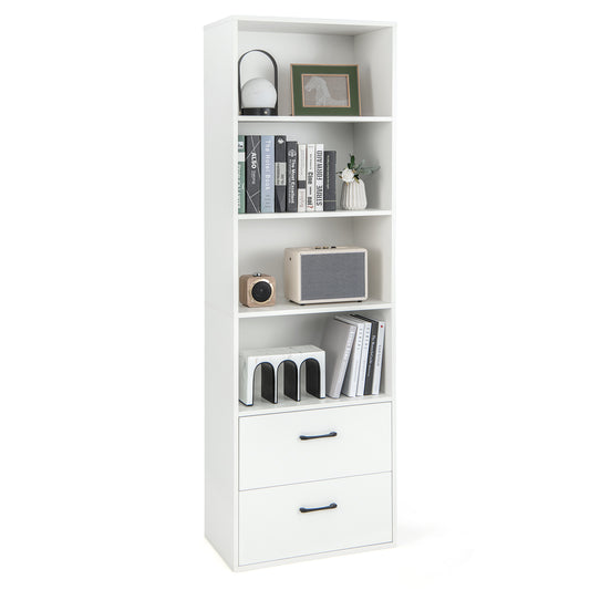 6-Tier Modern Wooden Bookshelf with four open shelves and two drawers in white