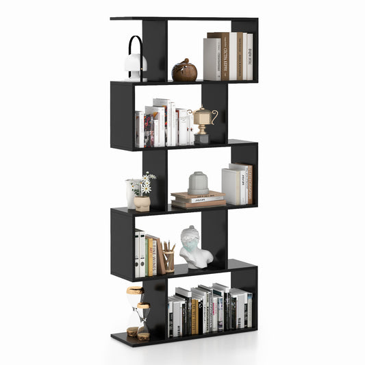 Geometric S-Shaped Bookcase with anti-toppling device, a tall black unit with five shelves arranged in an S shape