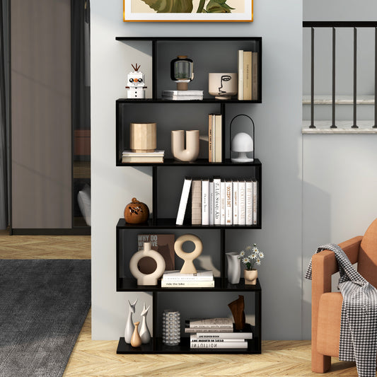 The S-shaped bookcase in a modern living room, styled with books and decorative items