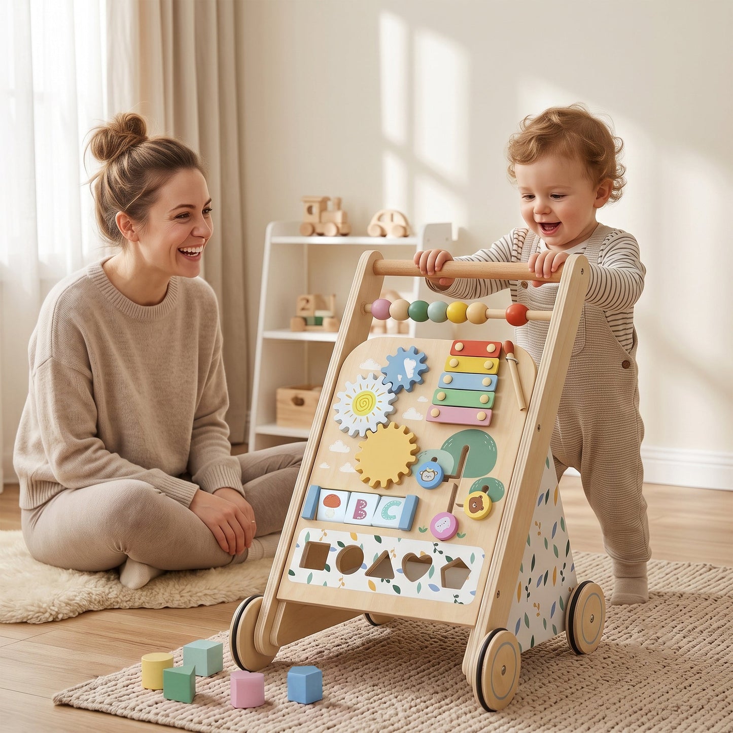 AIYAPLAY Wooden Baby Walker, Toddler Push Along Walker with Speed Control, Activity Centre and 5 Blocks for 18 Months+, Natural