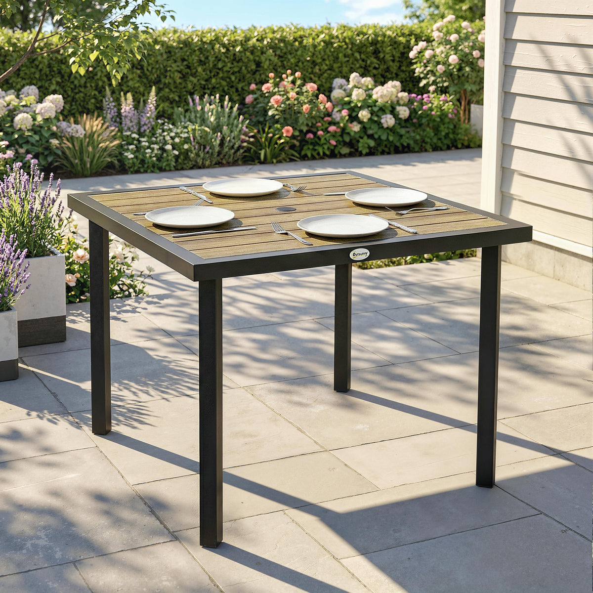 Outsunny Square Garden Dining Table with 5.4cm Parasol Hole in Brown