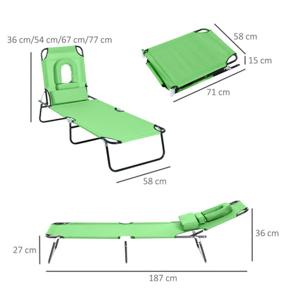 Outsunny Outdoor Folding Sun Lounger with Face Hole, 4 Level Adjustable Backrest Reclining Garden Lounger, Garden Recliner Sunbed with 600 D Oxford Cloth Seat and Pillow for Beach, Green