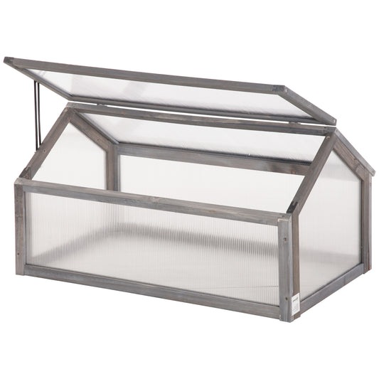 Outsunny Wooden Cold Frame Garden Polycarbonate Greenhouse with Openable Top Cover, Grow House for Flowers, Vegetables, Plants, 90 x 52 x 50cm, Grey