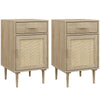 HOMCOM Bedside Tables Set of 2, Rattan Side Tables with Drawer, Cabinet and Adjustable Shelf, Boho Bedside Cabinets with Storage for Bedroom, Living Room, Natural Wood Finish