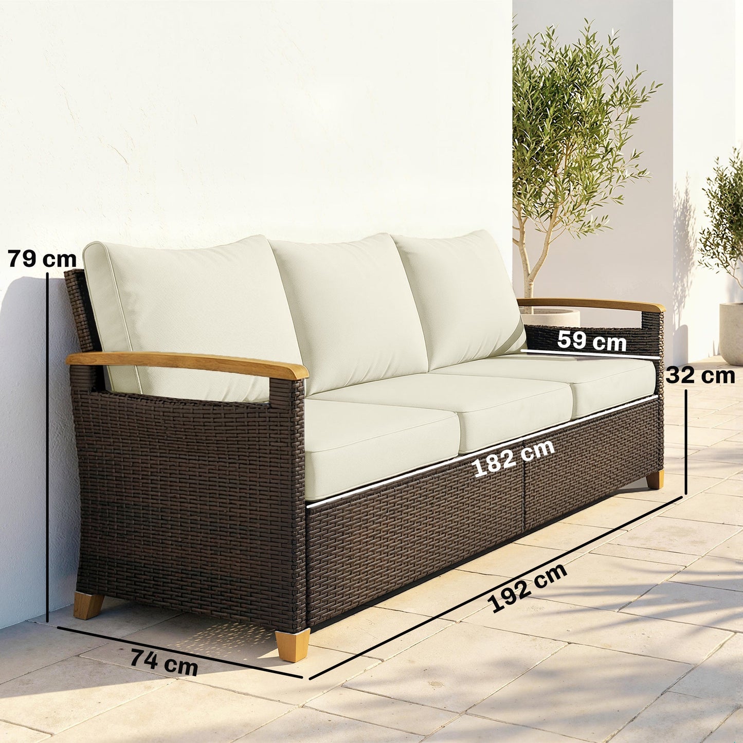 Outsunny 3 Seater Rattan Garden Sofa, PE Wicker Outdoor Sofa Wide Deep Seat, 4" Cushions, Wood-Effect Armrests Legs, Brown