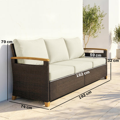 Outsunny 3 Seater Rattan Garden Sofa, PE Wicker Outdoor Sofa Wide Deep Seat, 4" Cushions, Wood-Effect Armrests Legs, Brown