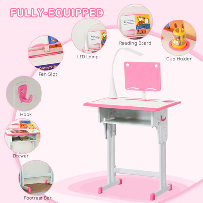 HOMCOM Kids Desk and Chair Set Adjustable Height Study Table Set with Drawer, Book Stand, Pen Slot - Pink