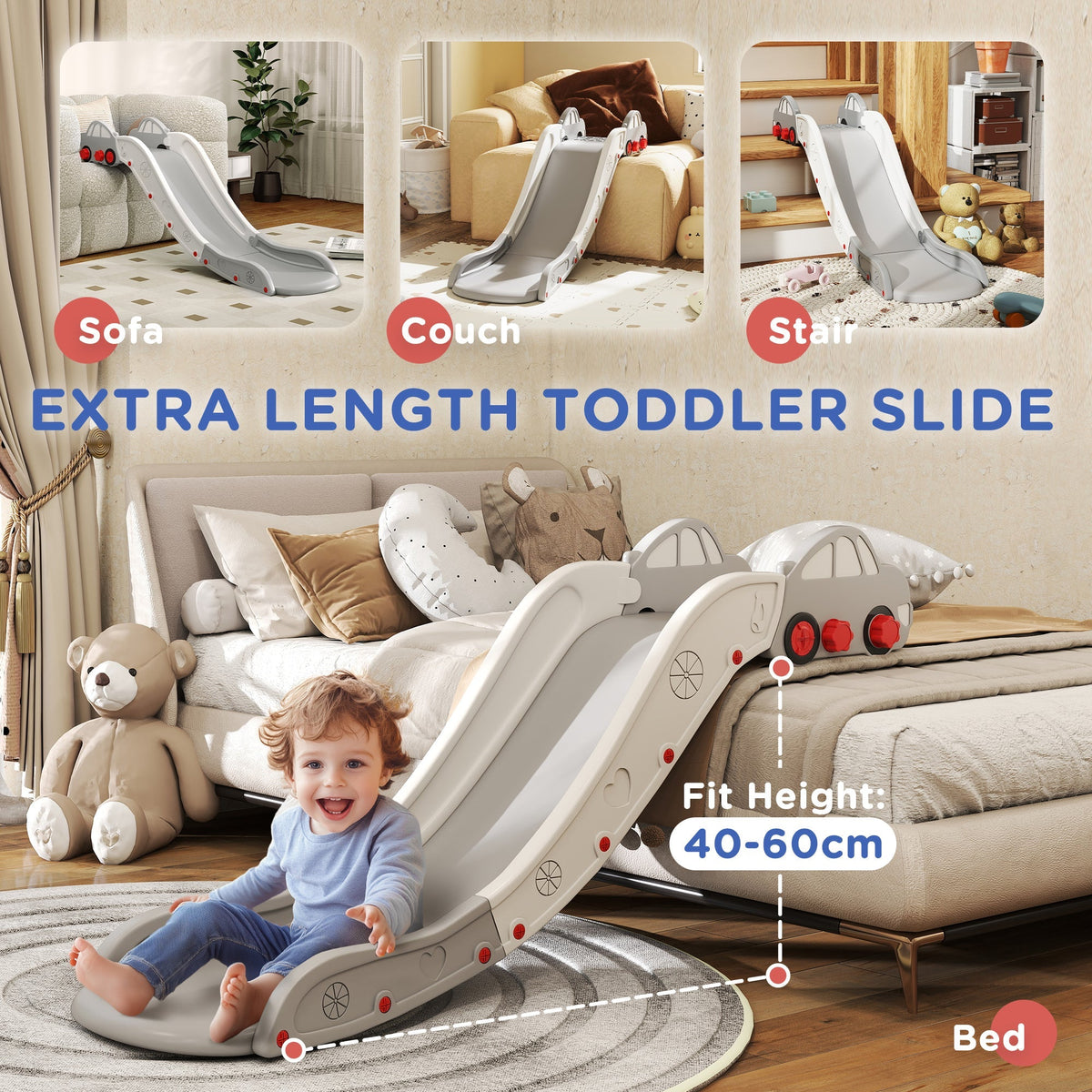 AIYAPLAY Kids Slide for Bed, Sofa, with Extended Length, Easy to assemble and Store, Grey