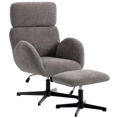 HOMCOM Swivel Armchair and Footstool Set, Height Adjustable Accent Chair with Adjustable Headrest, Rocking Function, Grey