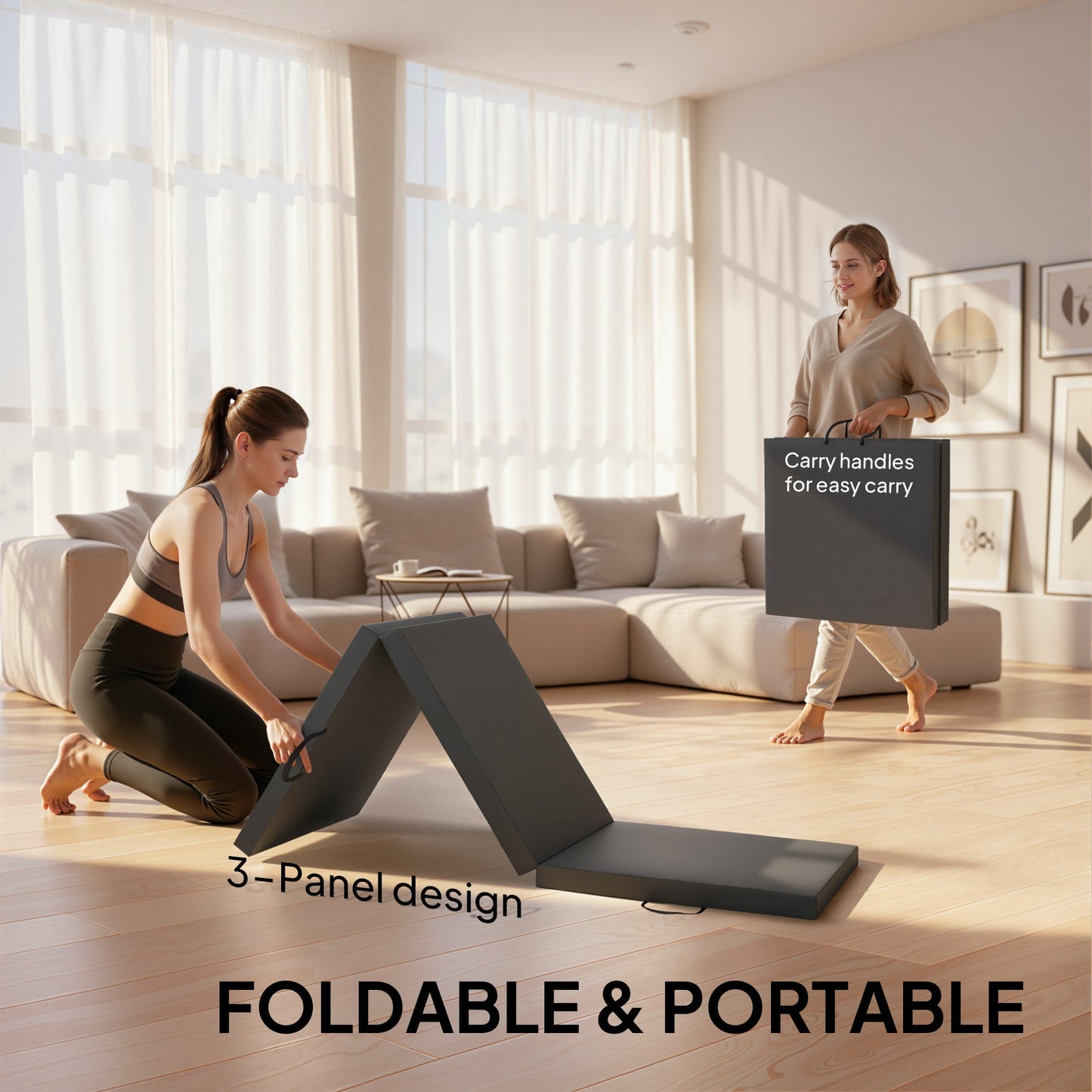 HOMCOM Gymnastics Mat, Tri-Fold Crash Exercise Pad, 6FT 2" Thick Foldable Workout Mat with Handles for Home Training, Grey