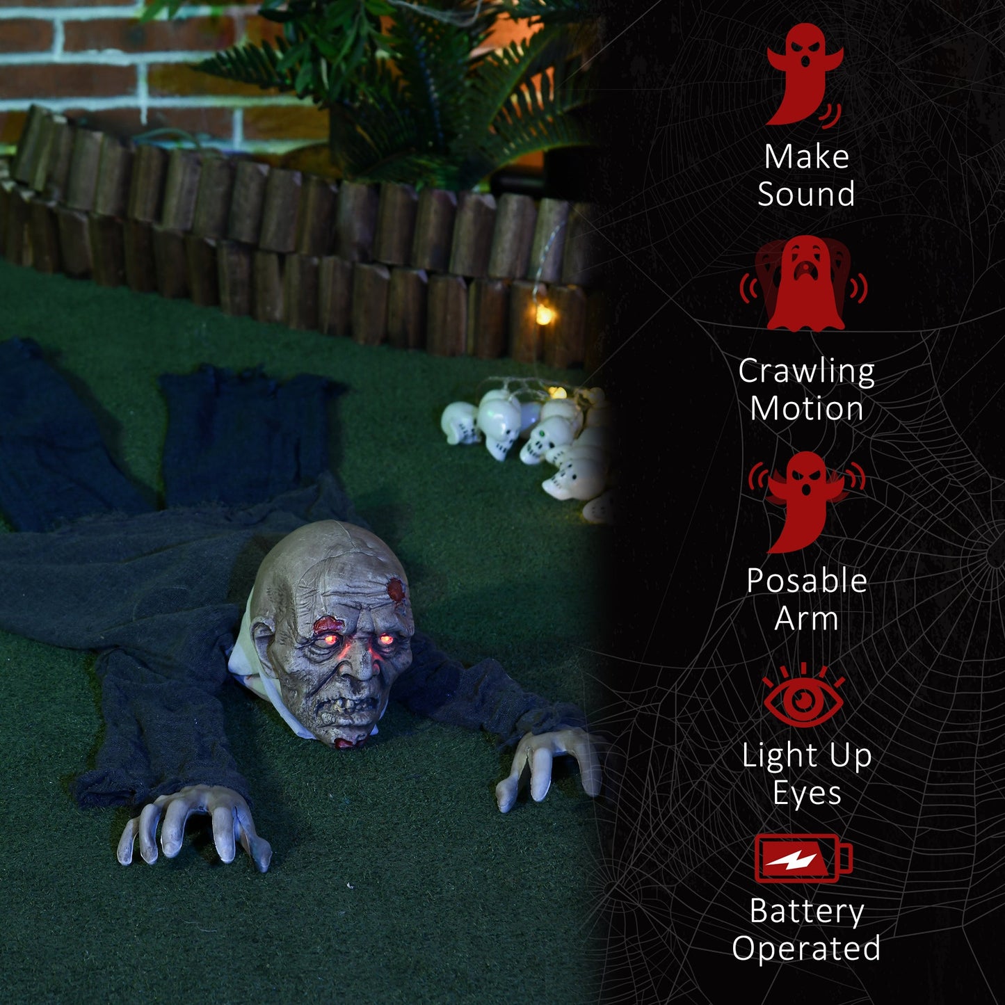 HOMCOM 5.2ft Life Size Outdoor Halloween Decoration Crawling Zombie, Animated Prop Decor with Sound and Motion Activated, Light Up Eyes, Howling Sound, Posable Arms