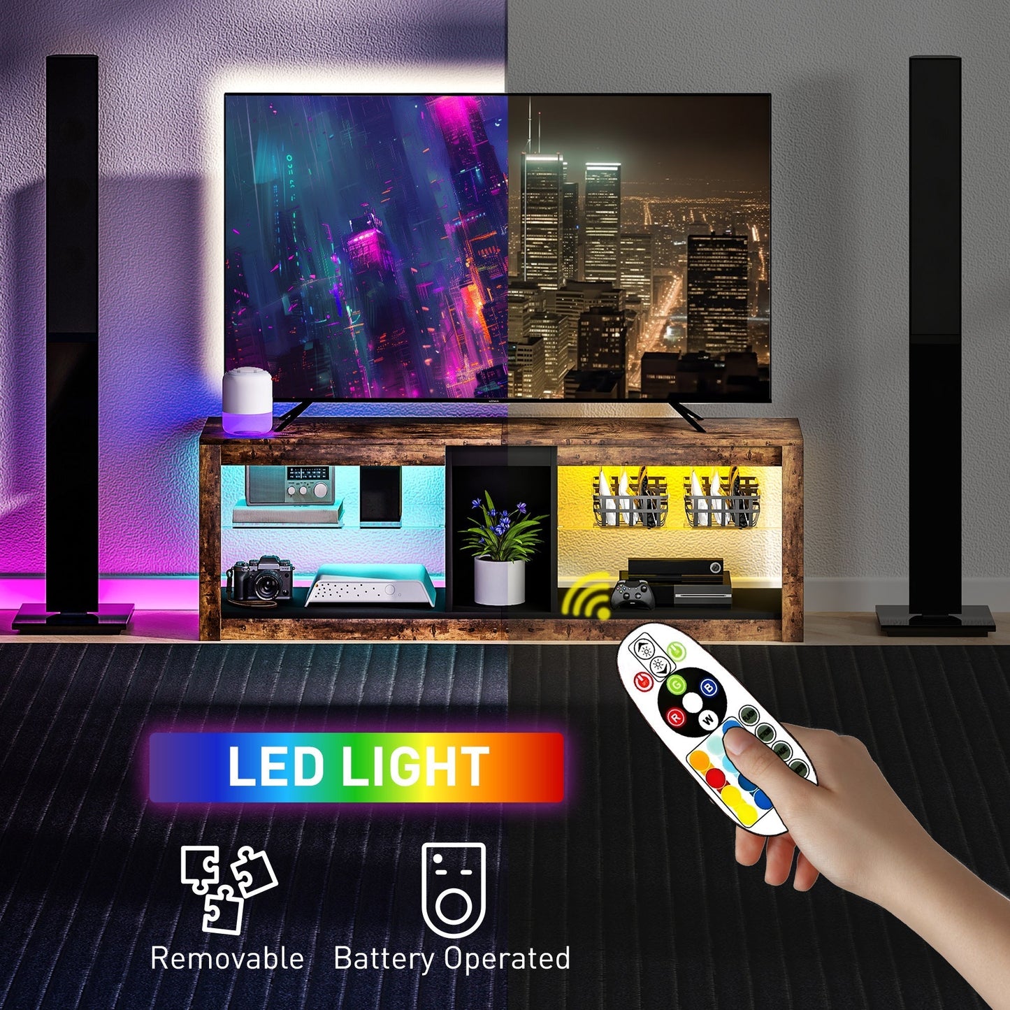 خزانة حامل تلفزيون HOMCOM مع أضواء LED وجهاز تحكم عن بعد لأجهزة التلفزيون حتى 65 بوصة، مركز ترفيه مع رفوف تخزين ومقصورة، بني ريفي