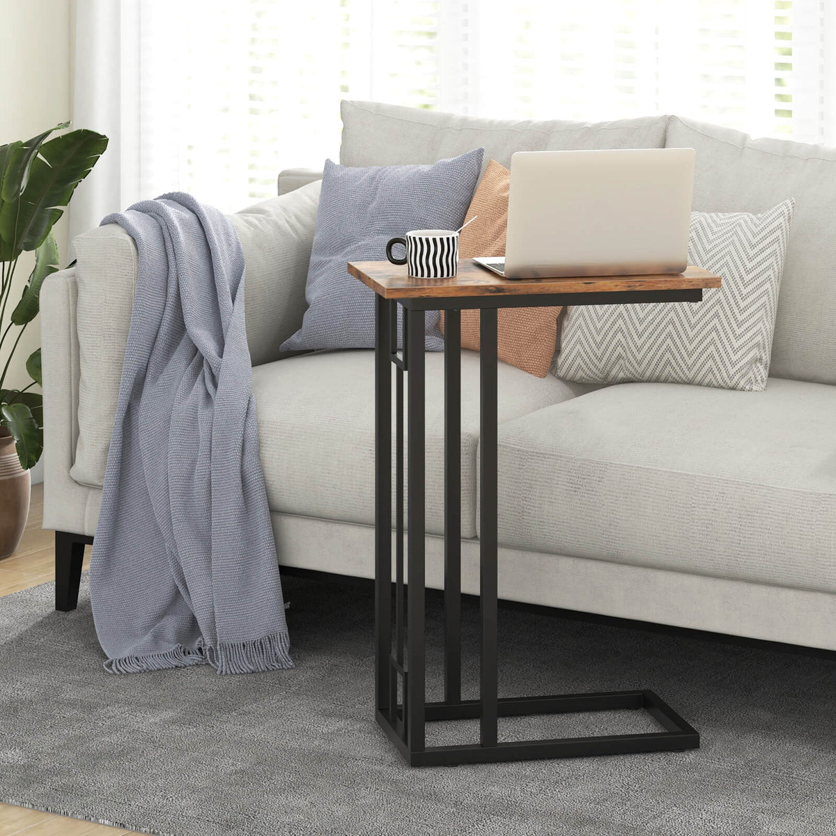 C-Shaped Side Table Compact Sofa Side Table for Small Space-Rustic Brown