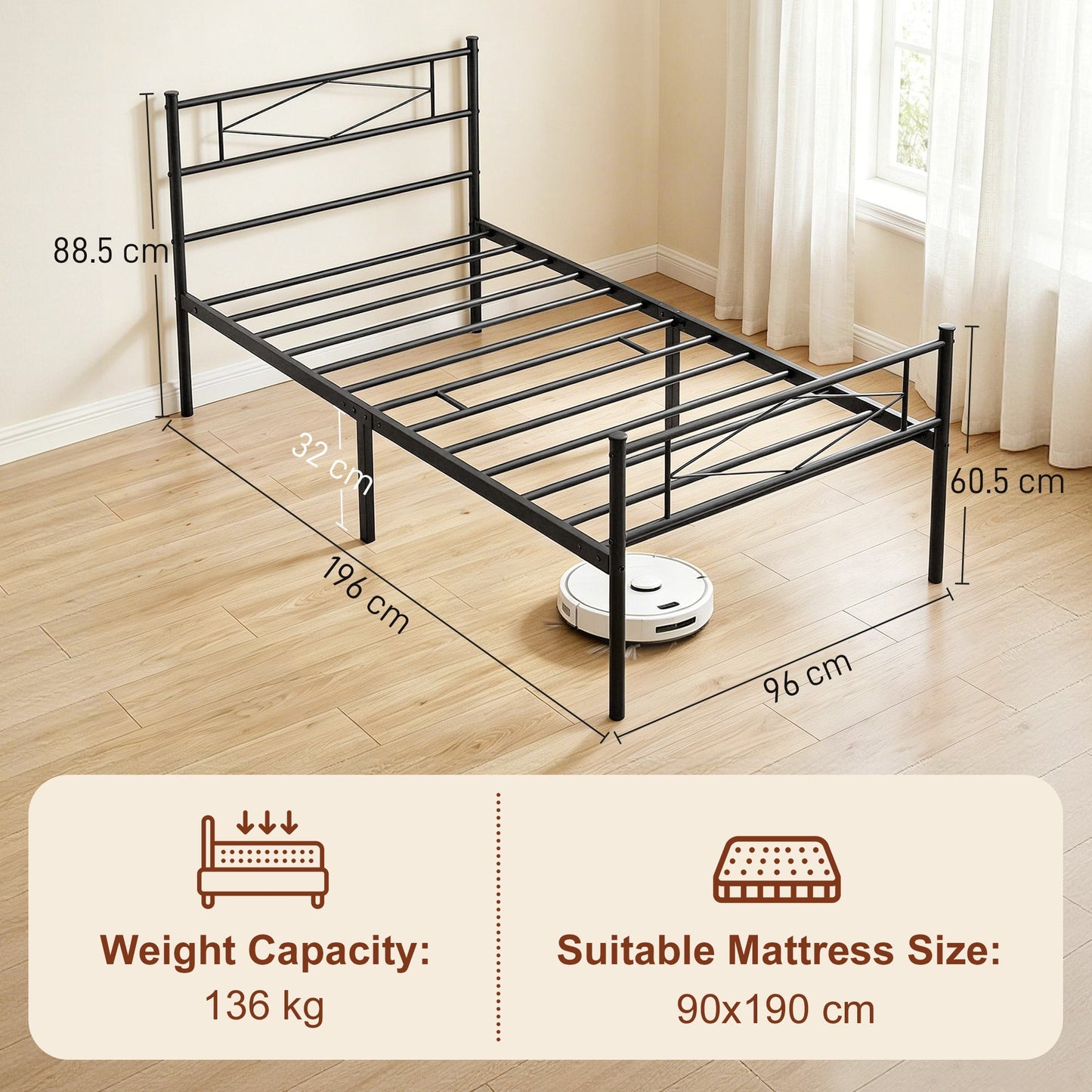 HOMCOM 3ft Single Bed Frame with Headboard and Footboard, Metal Platform Bed Frame with 32 cm Underbed Storage, Black