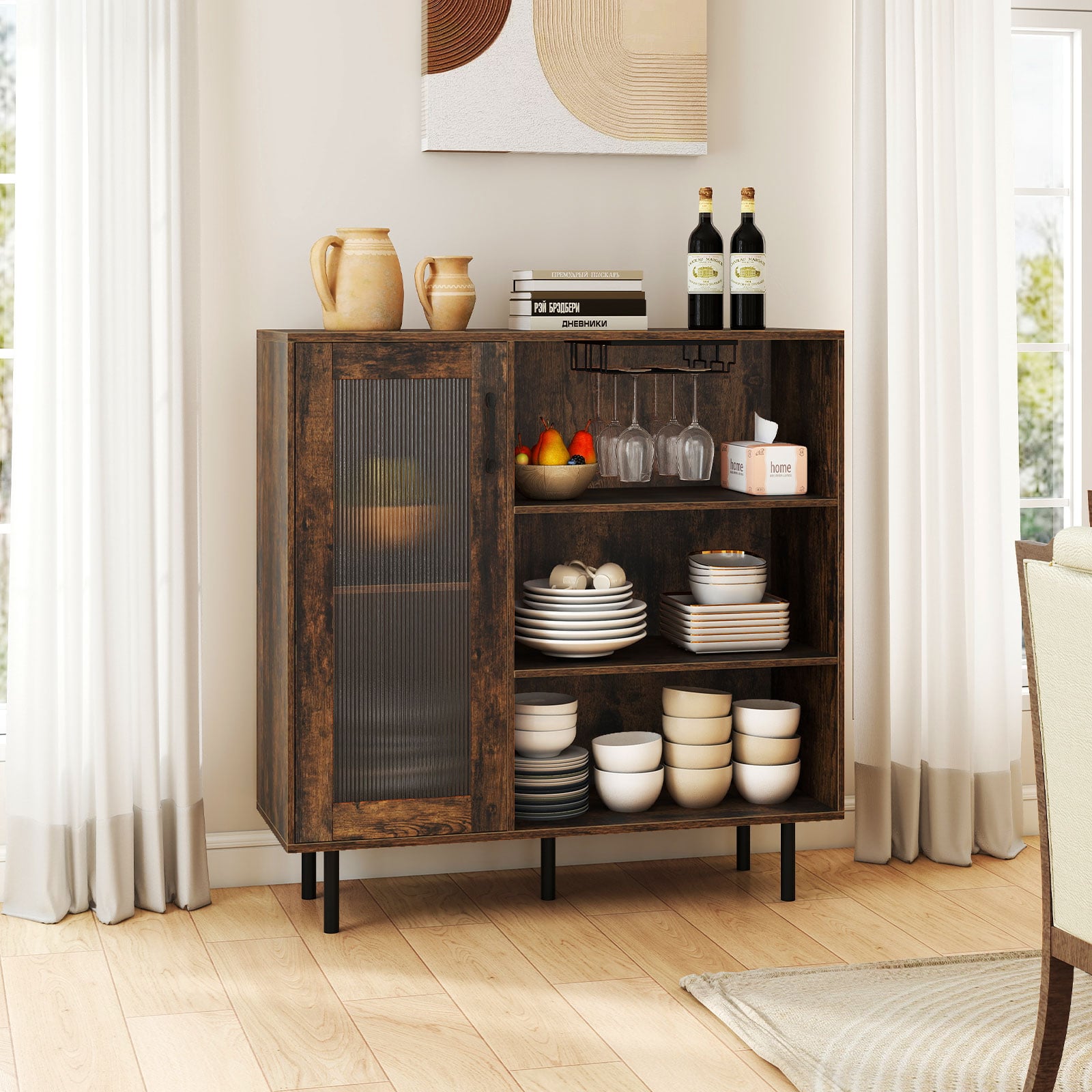 Cabinet Sideboard with Door Adjustable Shelf and Wine Holders-Rustic Brown