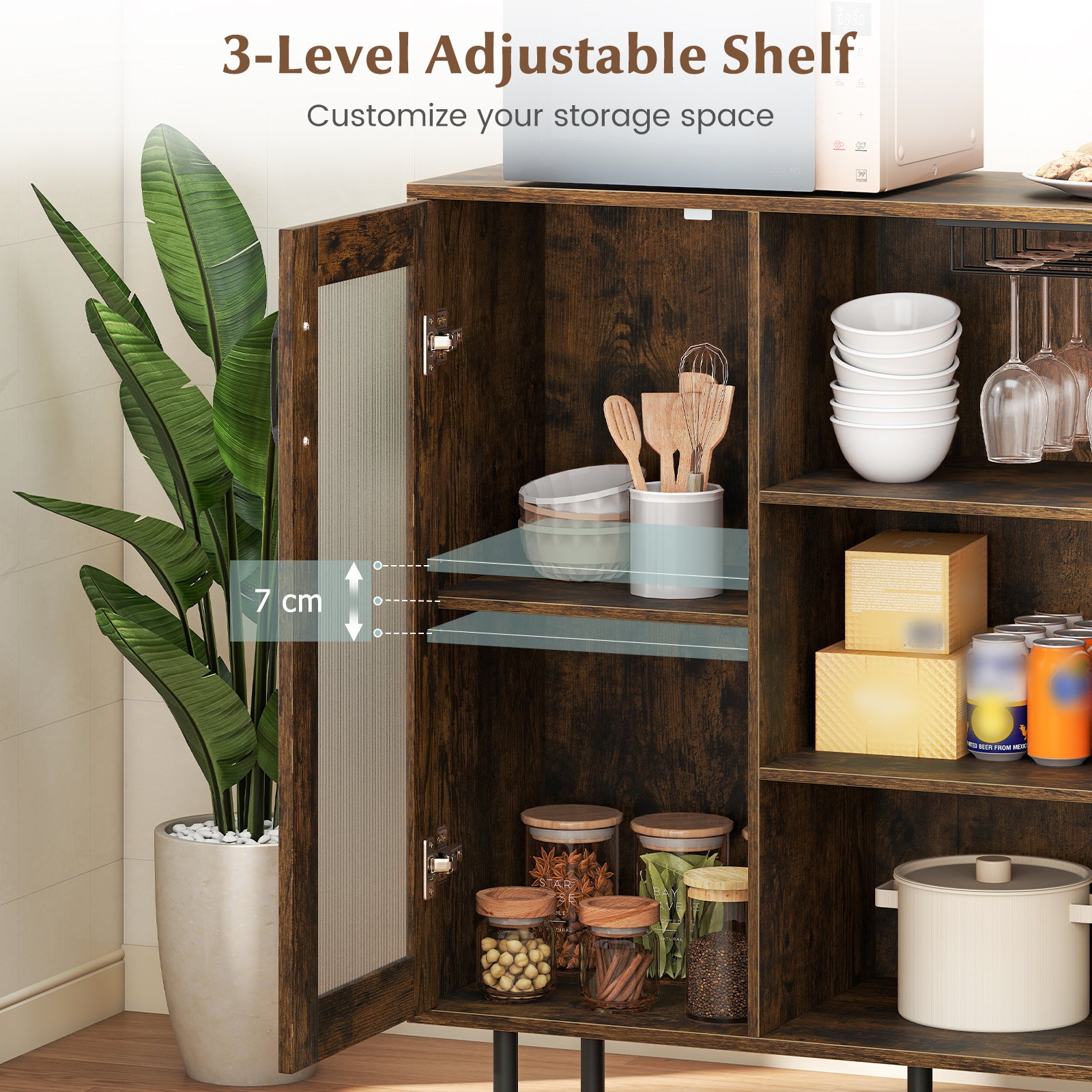 Cabinet Sideboard with Door Adjustable Shelf and Wine Holders-Rustic Brown