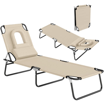 Outsunny Folding Sun Lounger with Face Hole, 4-Position Adjustable Backrest Garden Recliner Chair Sunbed, Outdoor Lounge Chair with 600 D Oxford Cloth Seat, Pillow for Beach, Beige