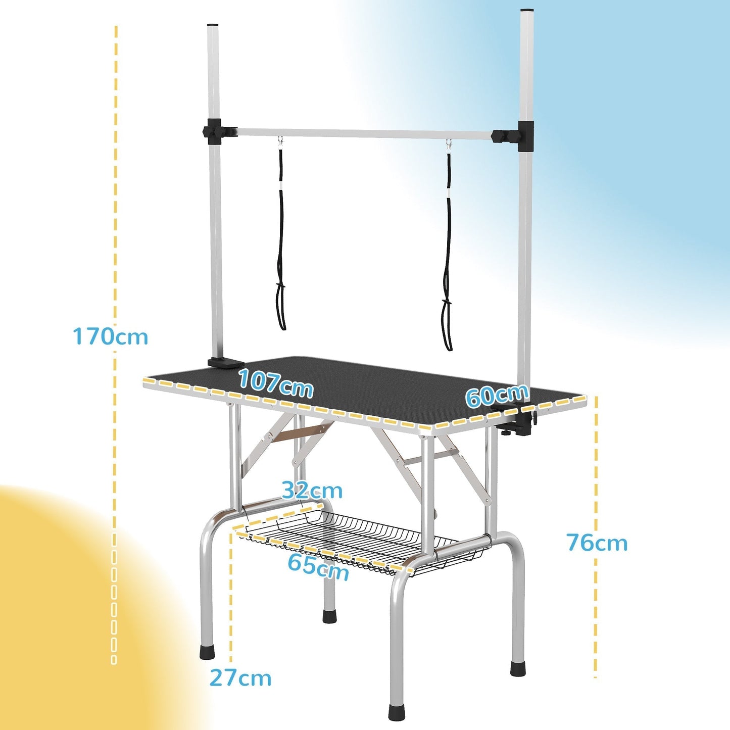 PawHut 42" Dog Grooming Table, Adjustable Pet Cat Drying Beauty Table with 2 Loops Storage Basket, Rubber Top, Black