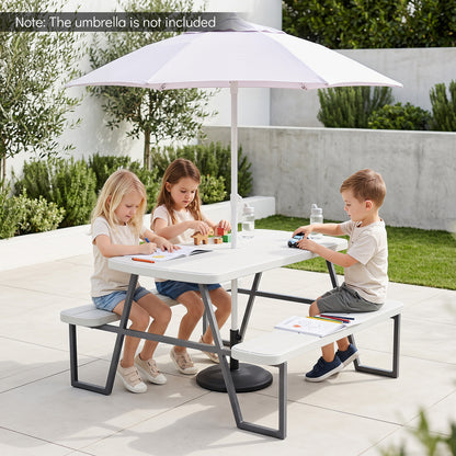 Camping Table and Chairs with Umbrella Hole and Metal Frame for Boys Girls Ages 3-8-White
