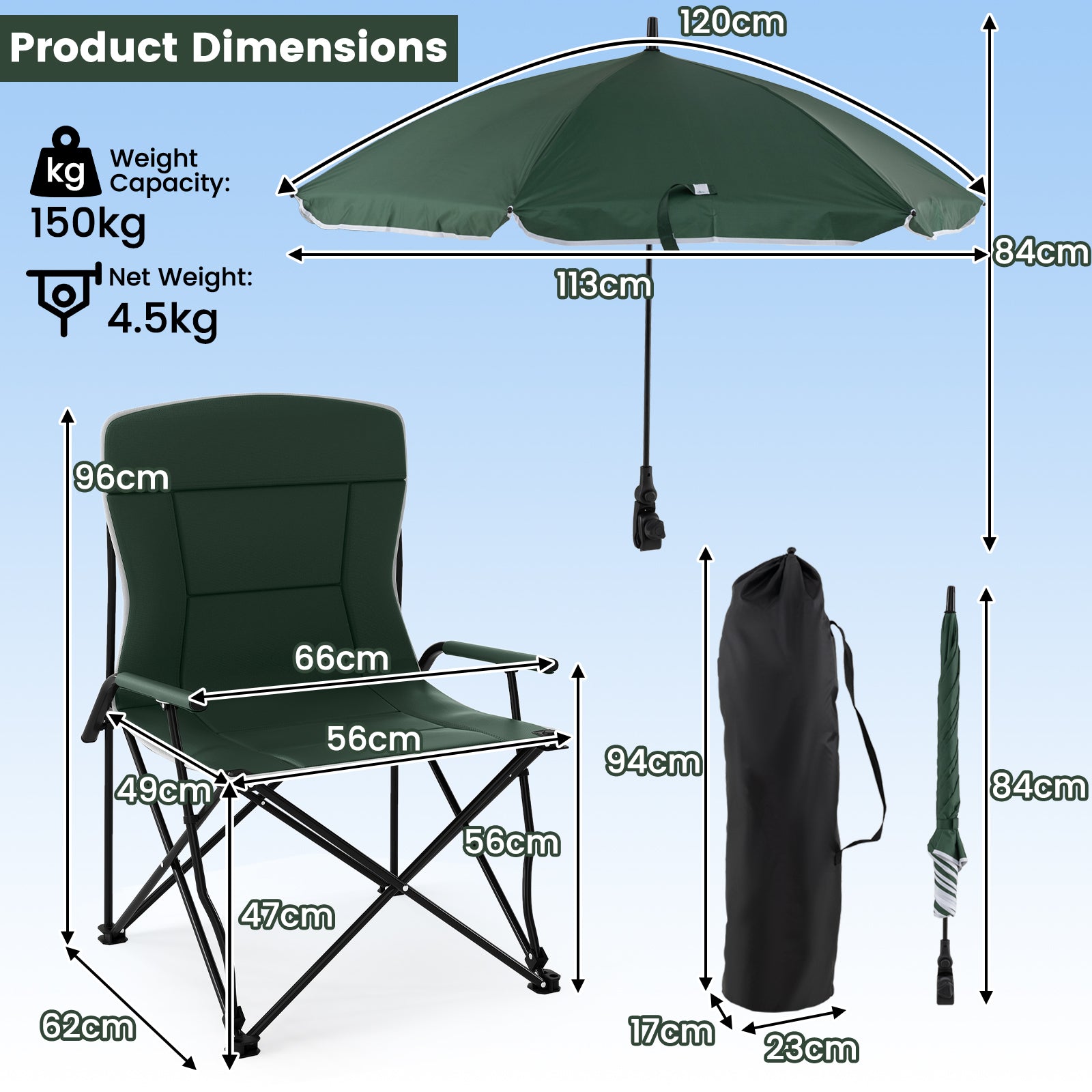 Camping Chair with Adjustable Umbrella and Portable Carrying Bag-Green