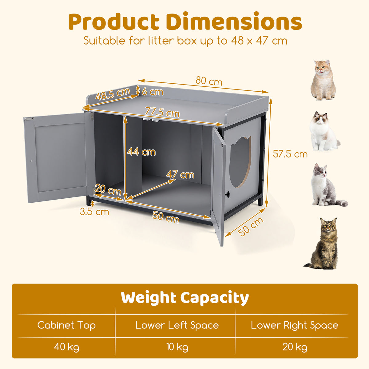 Dimensions and weight capacity for the grey cat furniture with barn doors