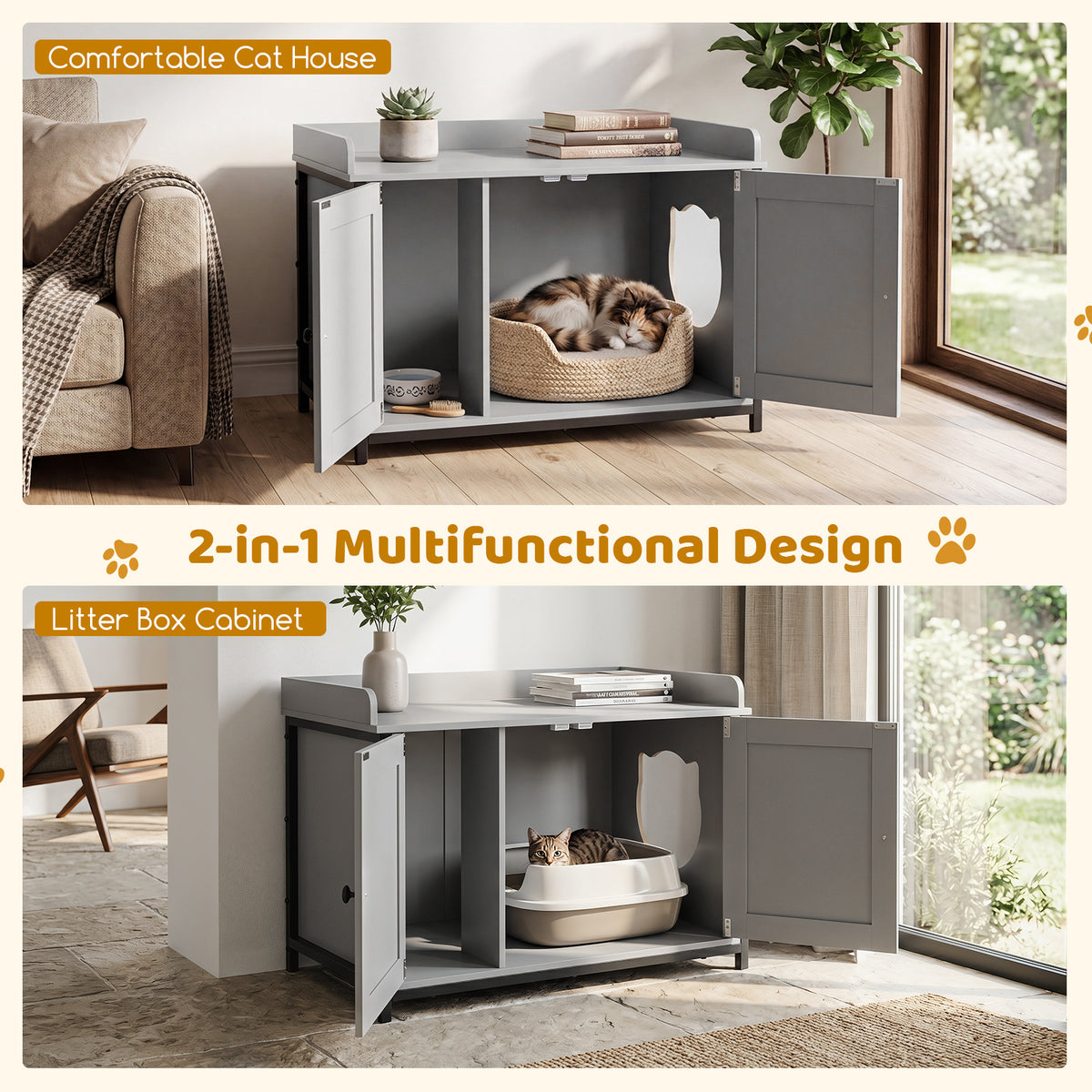 The cat furniture shown as a comfortable cat house and a litter box cabinet