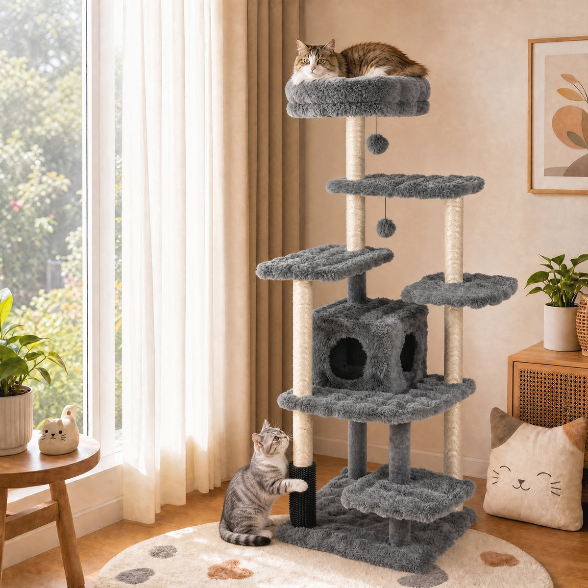 This cat tree with sisal scratching posts is placed in a bright room with a window and two cats using it